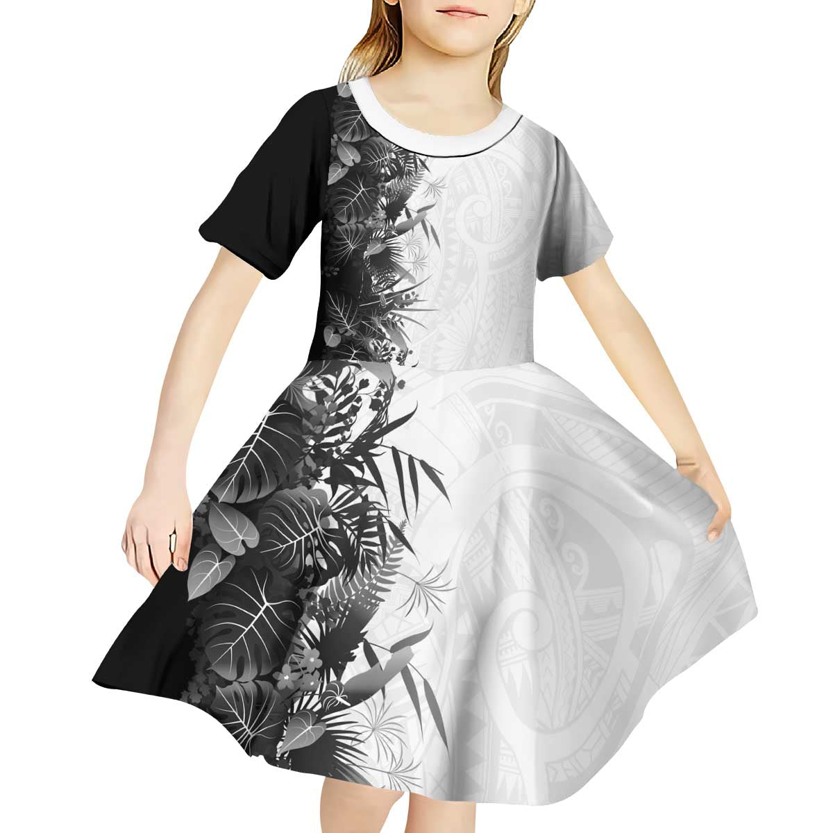 Hawaii Tropical Plant Monochrome Kid Short Sleeve Dress Vibrant Polynesian Pattern