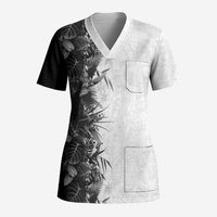 Hawaii Tropical Plant Monochrome Scrub Top Vibrant Polynesian Pattern