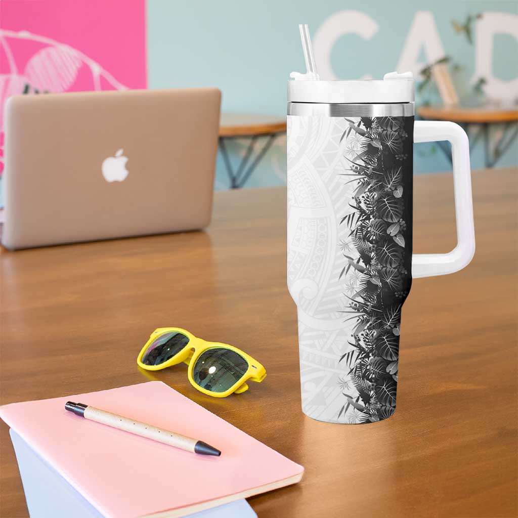 Hawaii Tropical Plant Monochrome Tumbler With Handle Vibrant Polynesian Pattern