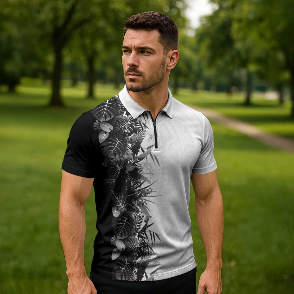 Hawaii Tropical Plant Monochrome Zipper Polo Shirt Vibrant Polynesian Pattern