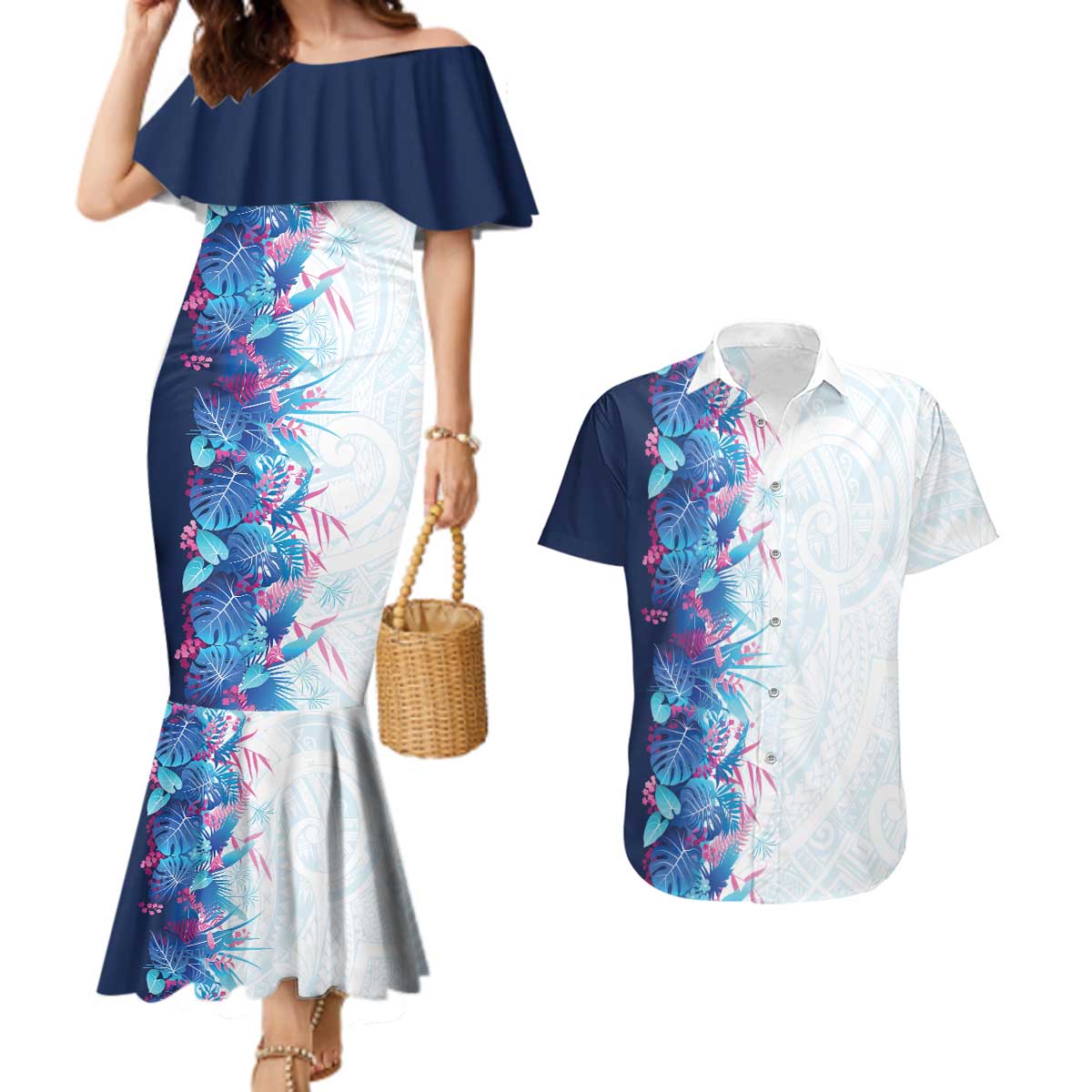Hawaii Tropical Plant UliUli Couples Matching Mermaid Dress and Hawaiian Shirt Vibrant Polynesian Pattern