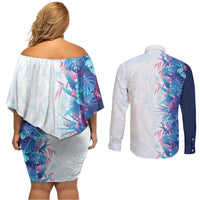 Hawaii Tropical Plant UliUli Couples Matching Off Shoulder Short Dress and Long Sleeve Button Shirt Vibrant Polynesian Pattern