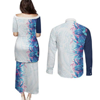 Hawaii Tropical Plant UliUli Couples Matching Puletasi and Long Sleeve Button Shirt Vibrant Polynesian Pattern