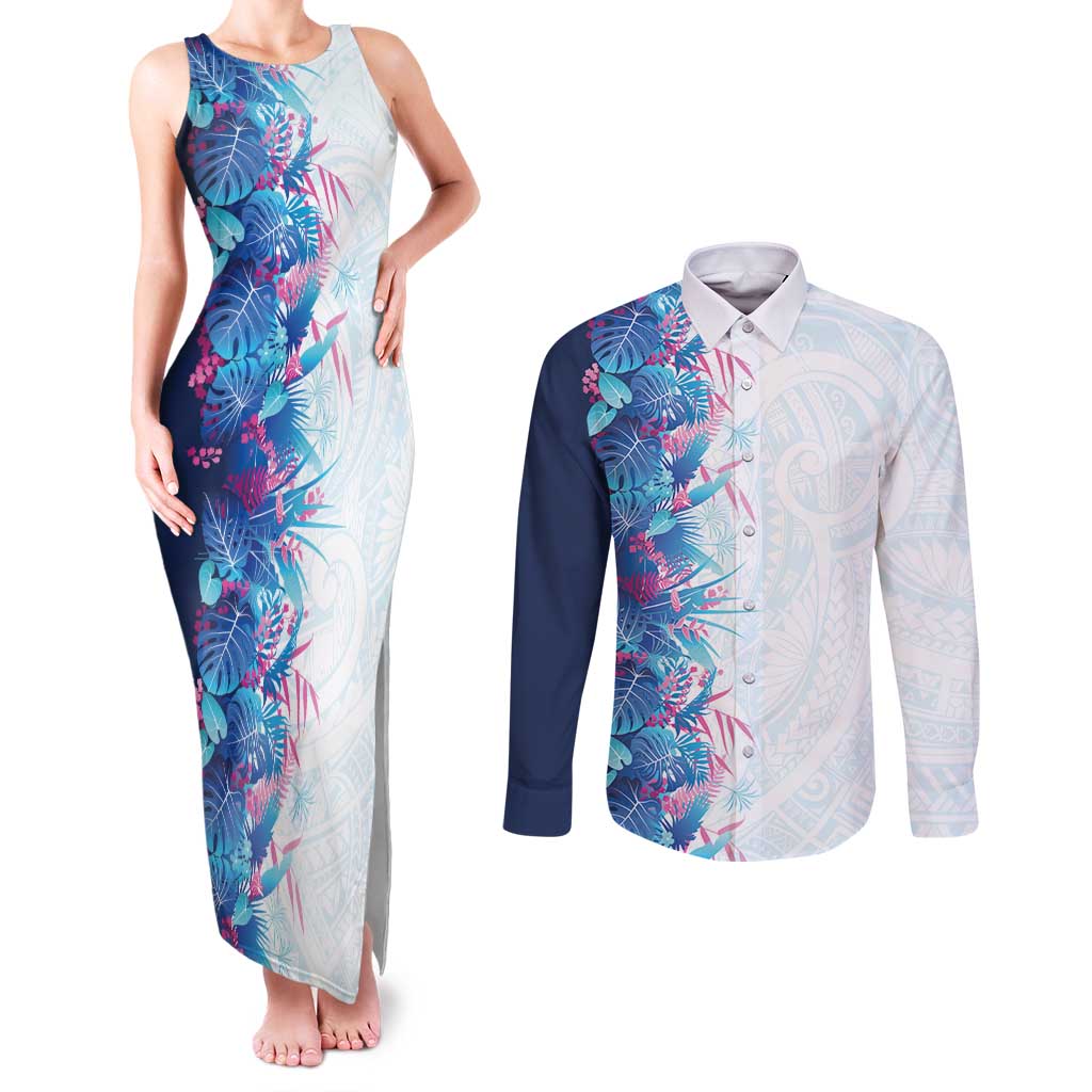 Hawaii Tropical Plant UliUli Couples Matching Tank Maxi Dress and Long Sleeve Button Shirt Vibrant Polynesian Pattern