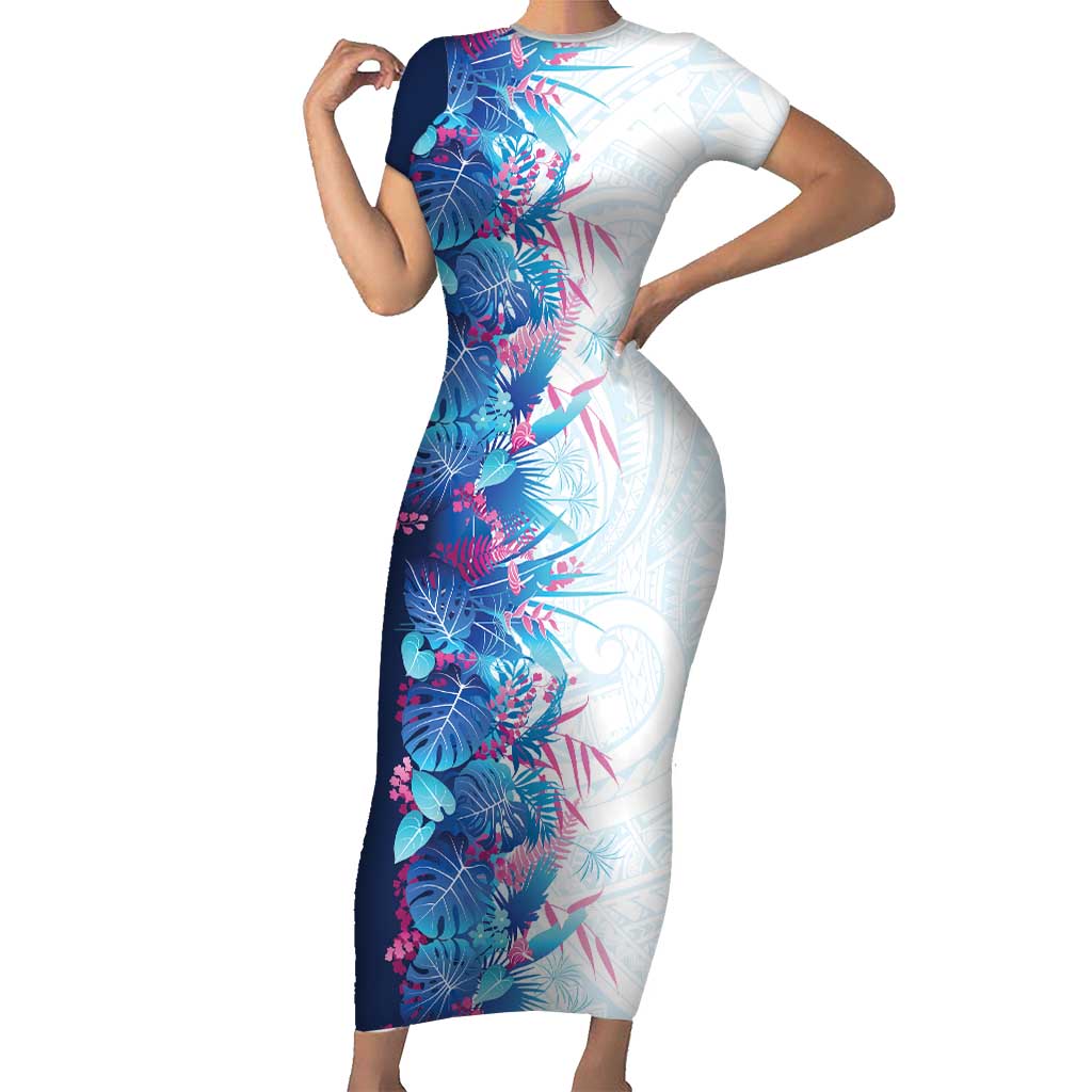 Hawaii Tropical Plant UliUli Family Matching Short Sleeve Bodycon Dress and Hawaiian Shirt Vibrant Polynesian Pattern LT01 Mom's Dress Blue - Polynesian Pride