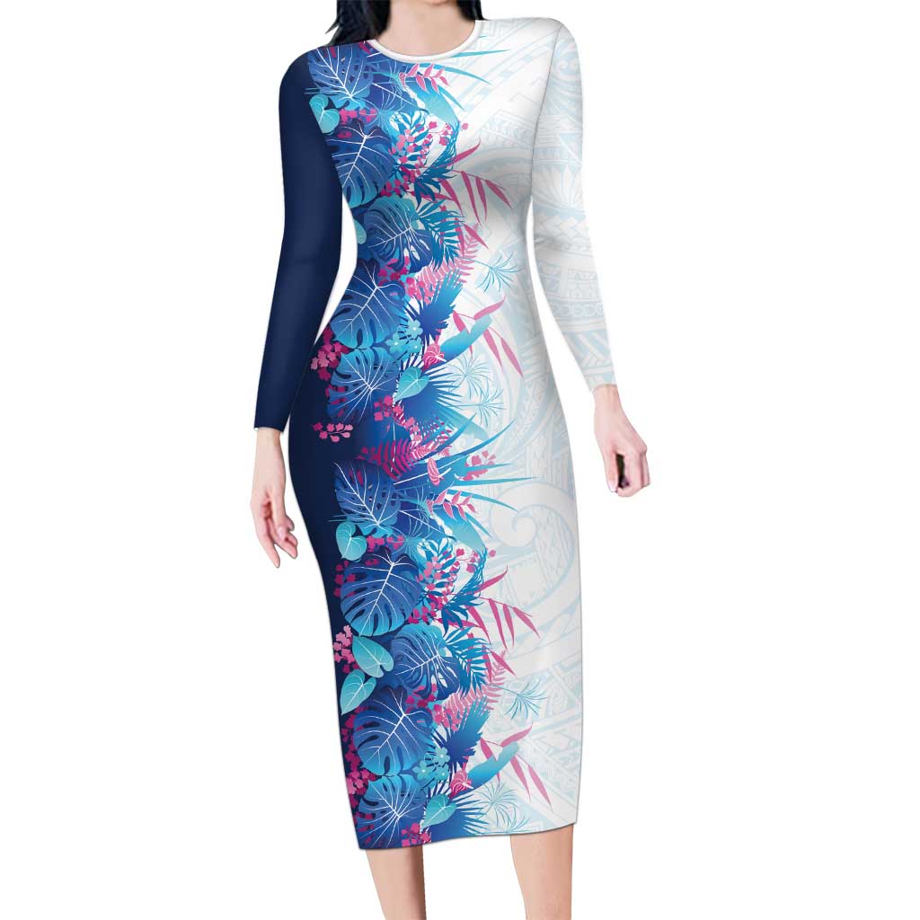 Hawaii Tropical Plant UliUli Long Sleeve Bodycon Dress Vibrant Polynesian Pattern