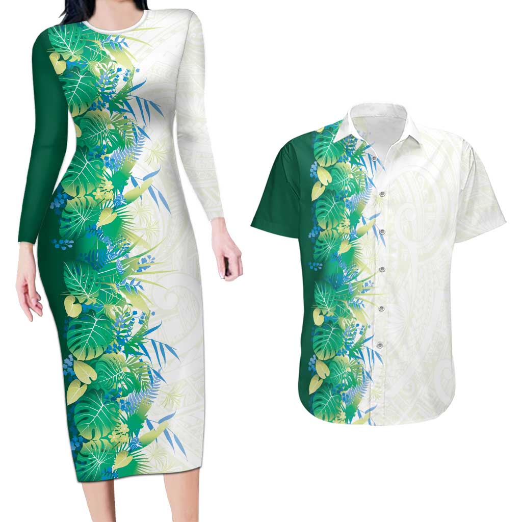 Hawaii Tropical Plant Omaomao Couples Matching Long Sleeve Bodycon Dress and Hawaiian Shirt Vibrant Polynesian Pattern