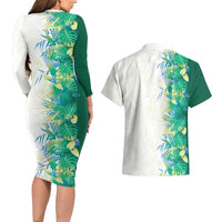 Hawaii Tropical Plant Omaomao Couples Matching Long Sleeve Bodycon Dress and Hawaiian Shirt Vibrant Polynesian Pattern