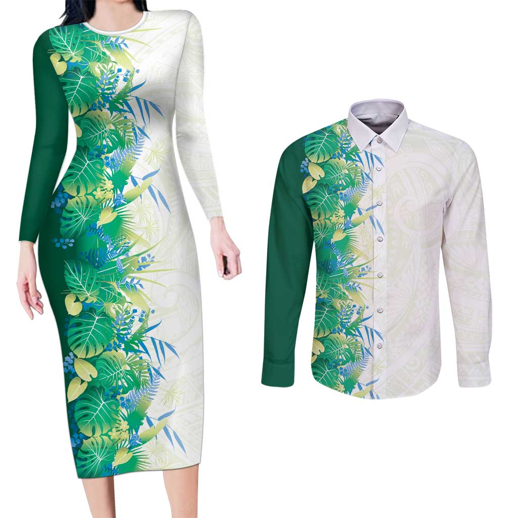 Hawaii Tropical Plant Omaomao Couples Matching Long Sleeve Bodycon Dress and Long Sleeve Button Shirt Vibrant Polynesian Pattern