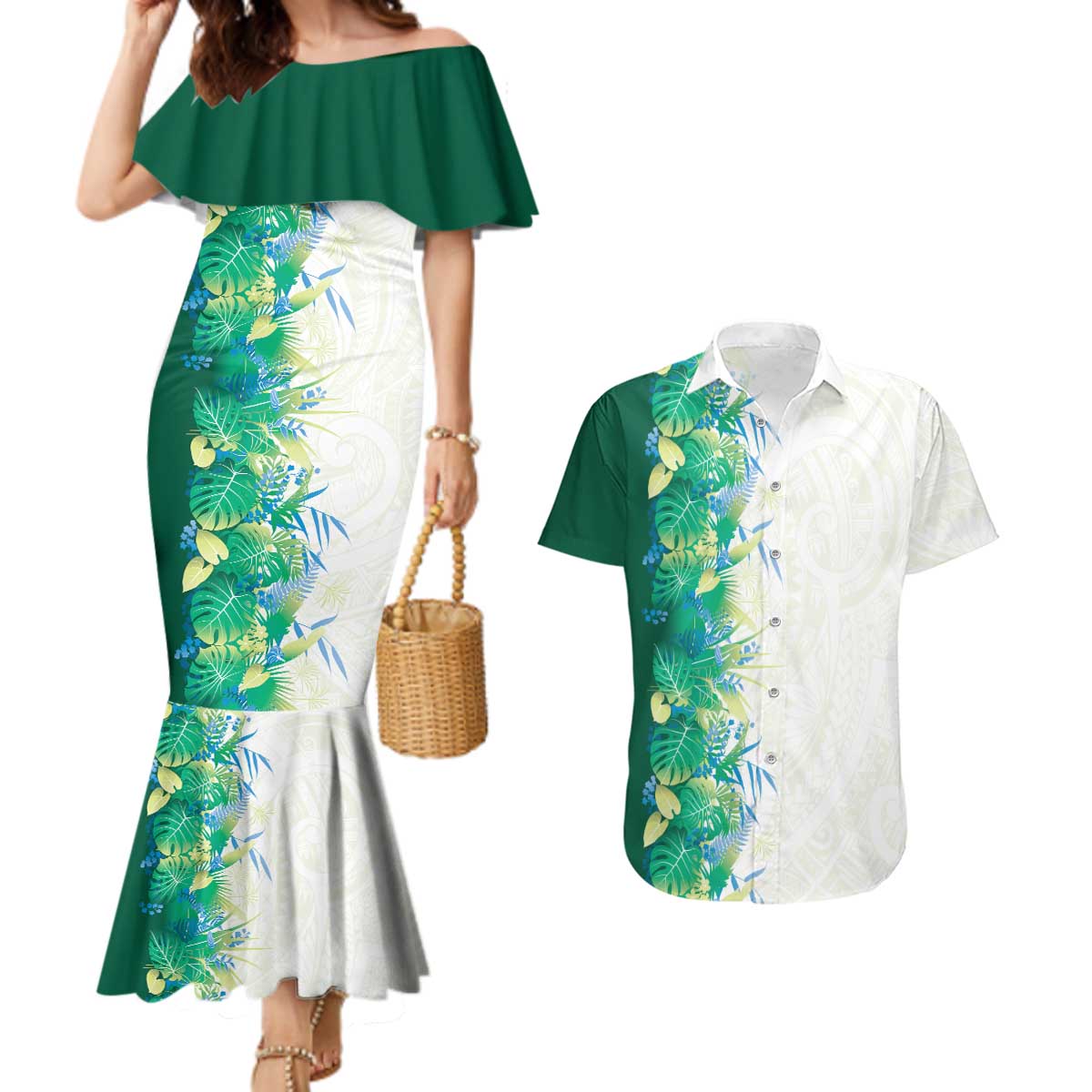 Hawaii Tropical Plant Omaomao Couples Matching Mermaid Dress and Hawaiian Shirt Vibrant Polynesian Pattern