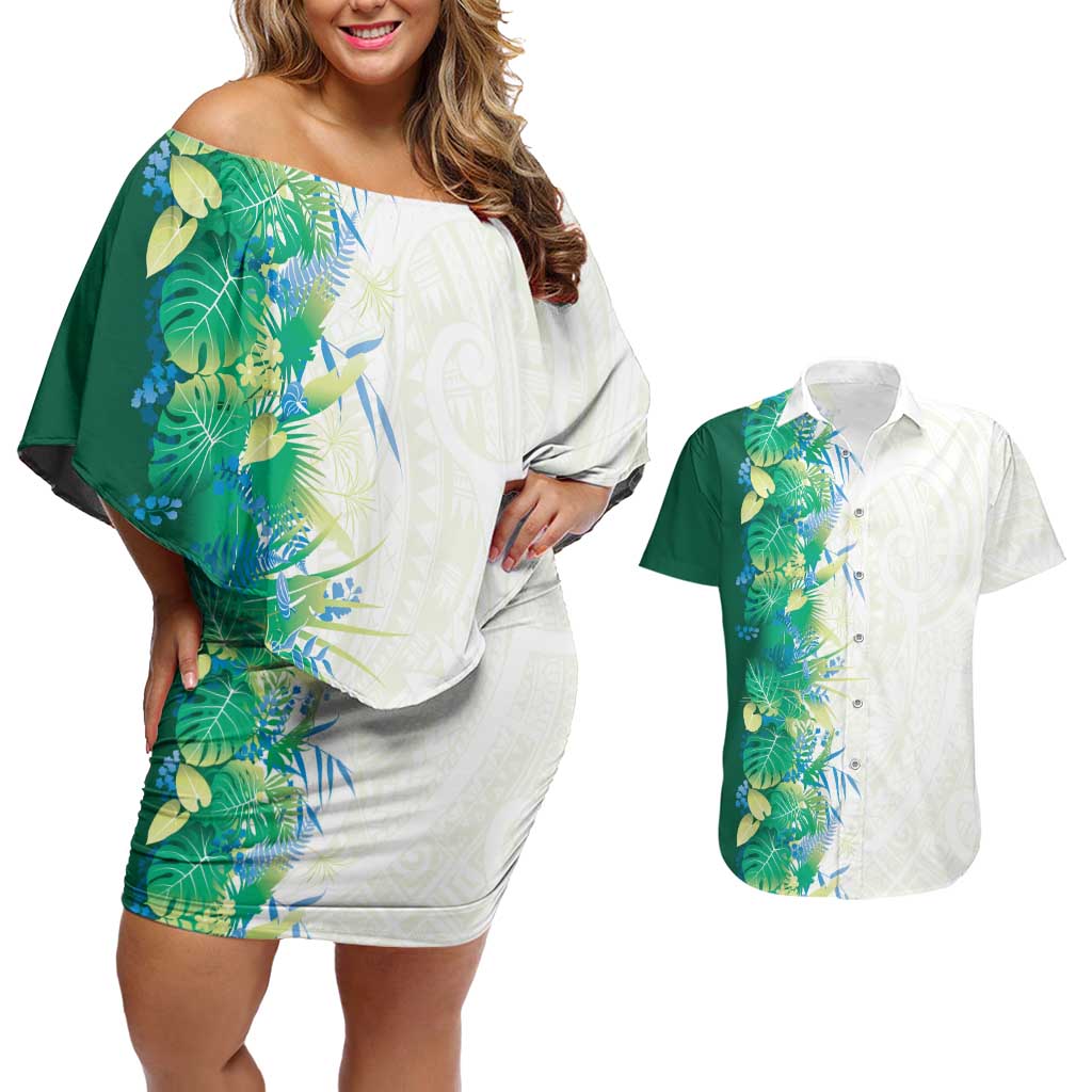 Hawaii Tropical Plant Omaomao Couples Matching Off Shoulder Short Dress and Hawaiian Shirt Vibrant Polynesian Pattern