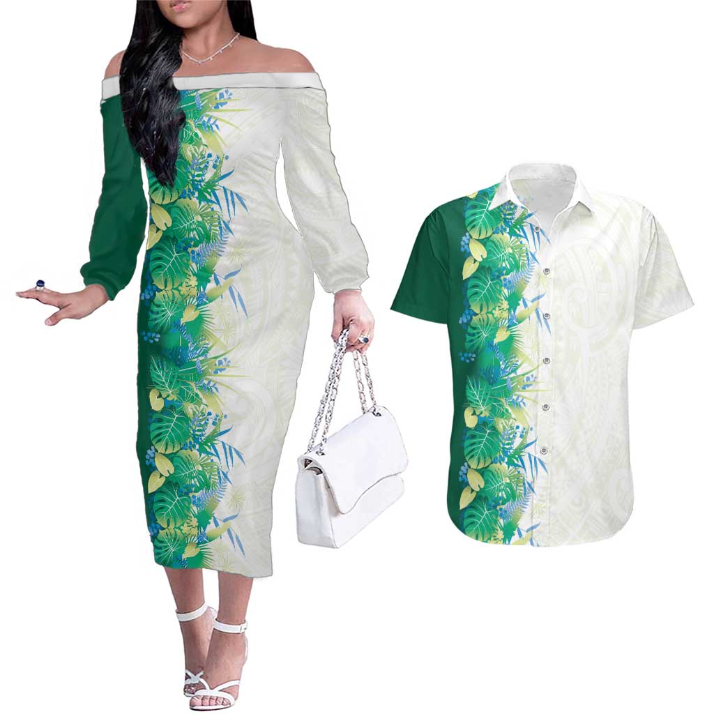 Hawaii Tropical Plant Omaomao Couples Matching Off The Shoulder Long Sleeve Dress and Hawaiian Shirt Vibrant Polynesian Pattern
