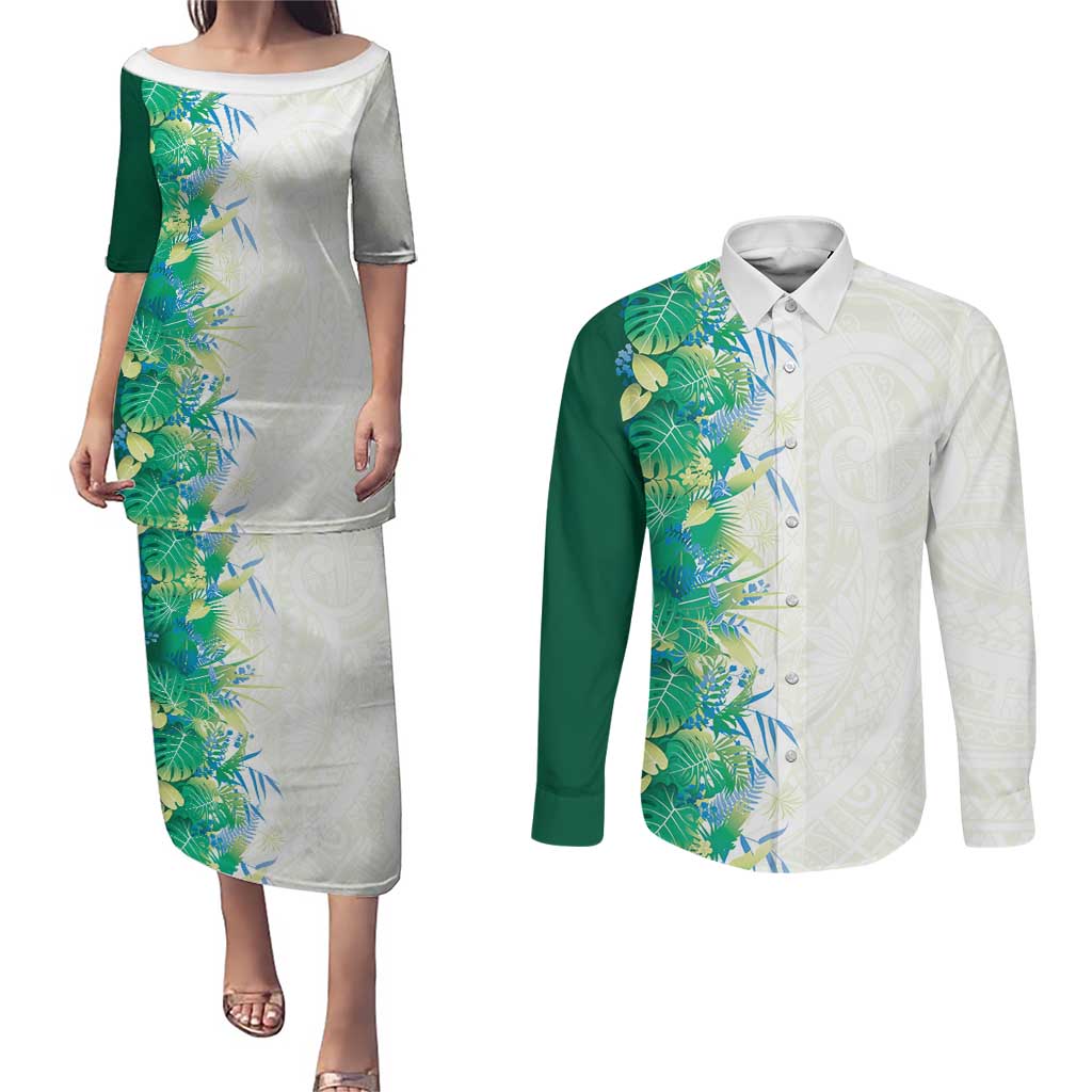 Hawaii Tropical Plant Omaomao Couples Matching Puletasi and Long Sleeve Button Shirt Vibrant Polynesian Pattern