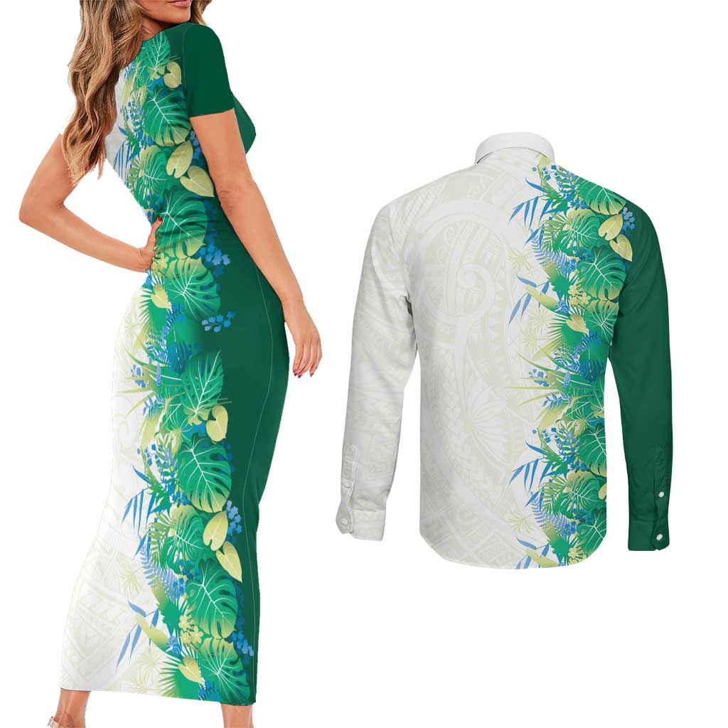 Hawaii Tropical Plant Omaomao Couples Matching Short Sleeve Bodycon Dress and Long Sleeve Button Shirt Vibrant Polynesian Pattern