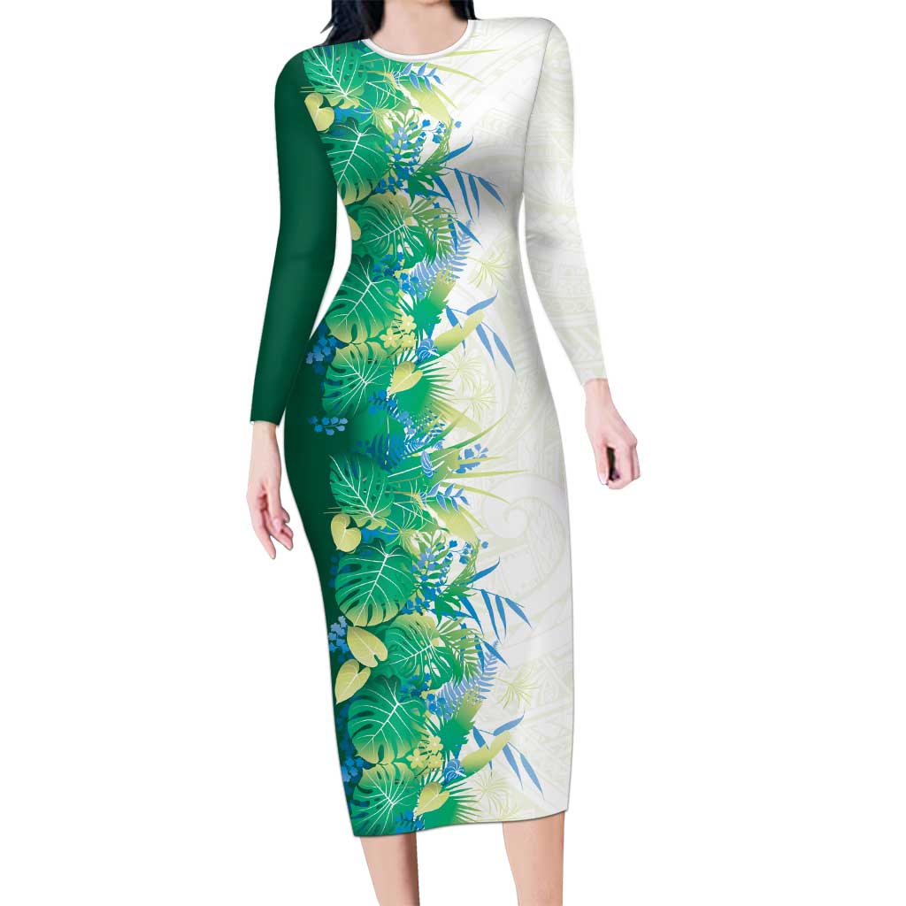 Hawaii Tropical Plant Omaomao Long Sleeve Bodycon Dress Vibrant Polynesian Pattern