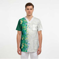 Hawaii Tropical Plant Omaomao Scrub Top Vibrant Polynesian Pattern