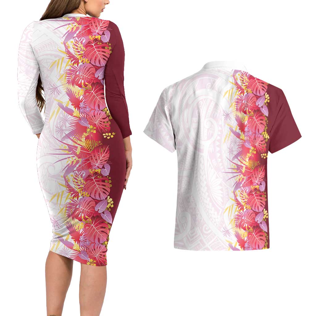 Hawaii Tropical Plant Akala Couples Matching Long Sleeve Bodycon Dress and Hawaiian Shirt Vibrant Polynesian Pattern