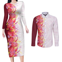 Hawaii Tropical Plant Akala Couples Matching Long Sleeve Bodycon Dress and Long Sleeve Button Shirt Vibrant Polynesian Pattern