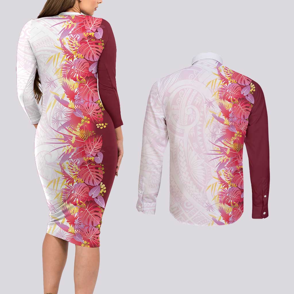 Hawaii Tropical Plant Akala Couples Matching Long Sleeve Bodycon Dress and Long Sleeve Button Shirt Vibrant Polynesian Pattern