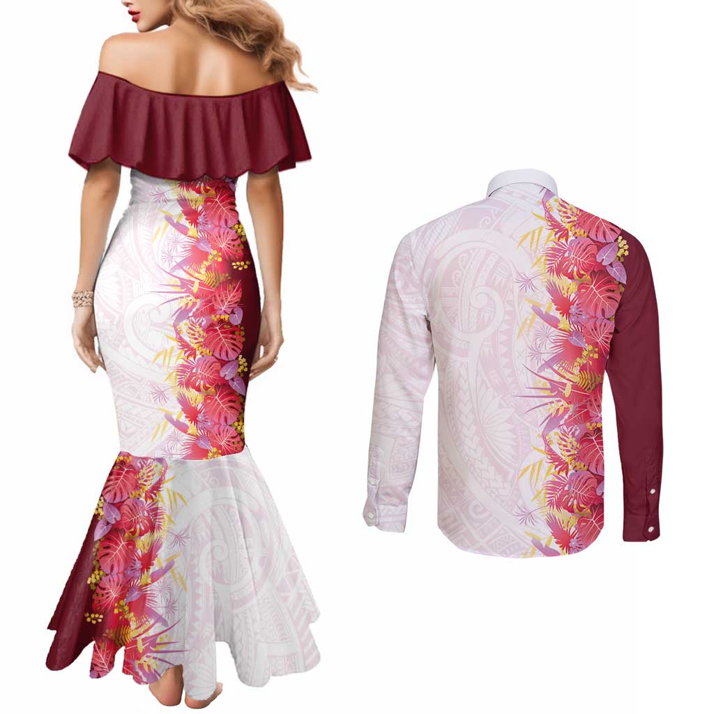Hawaii Tropical Plant Akala Couples Matching Mermaid Dress and Long Sleeve Button Shirt Vibrant Polynesian Pattern