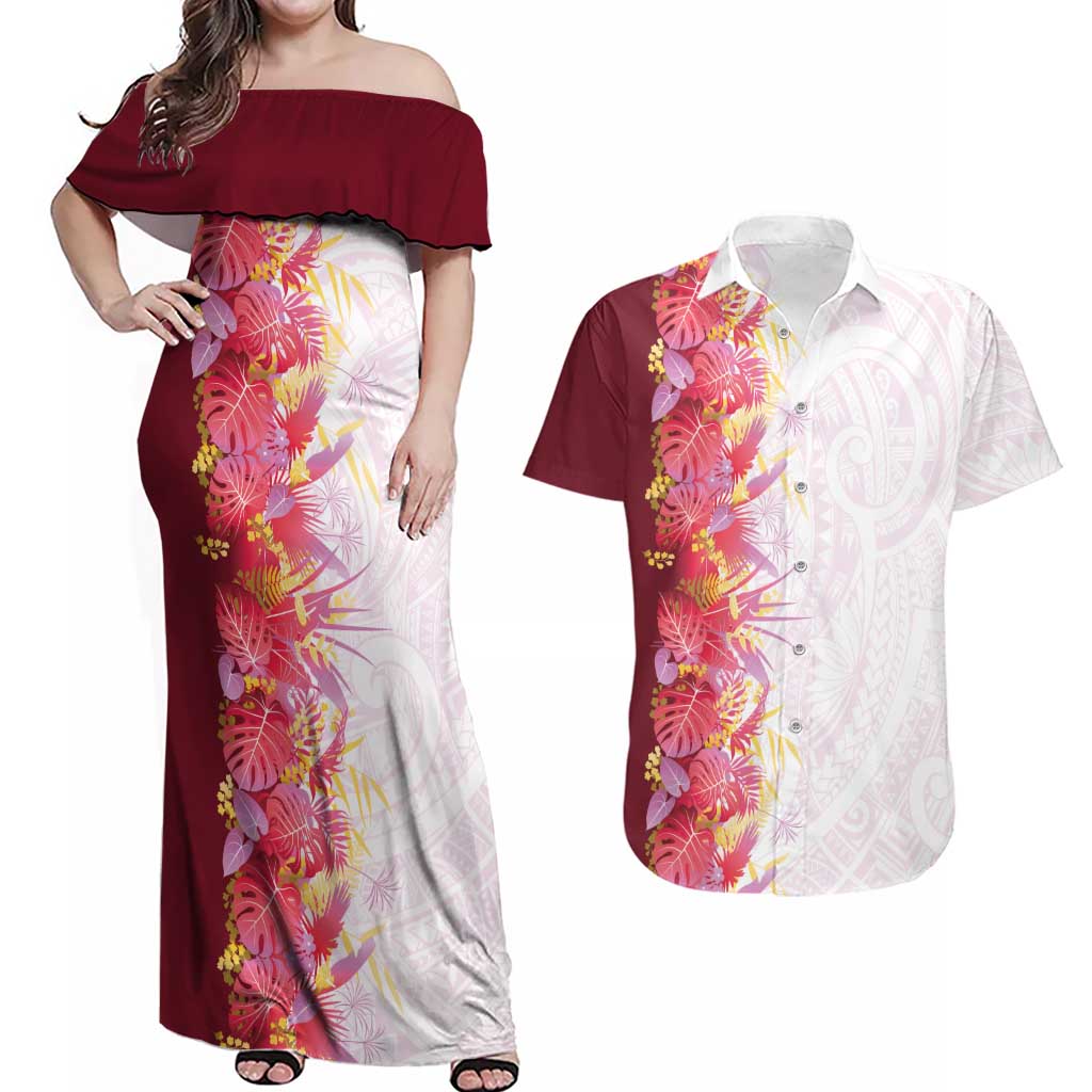 Hawaii Tropical Plant Akala Couples Matching Off Shoulder Maxi Dress and Hawaiian Shirt Vibrant Polynesian Pattern