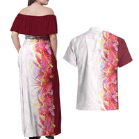 Hawaii Tropical Plant Akala Couples Matching Off Shoulder Maxi Dress and Hawaiian Shirt Vibrant Polynesian Pattern