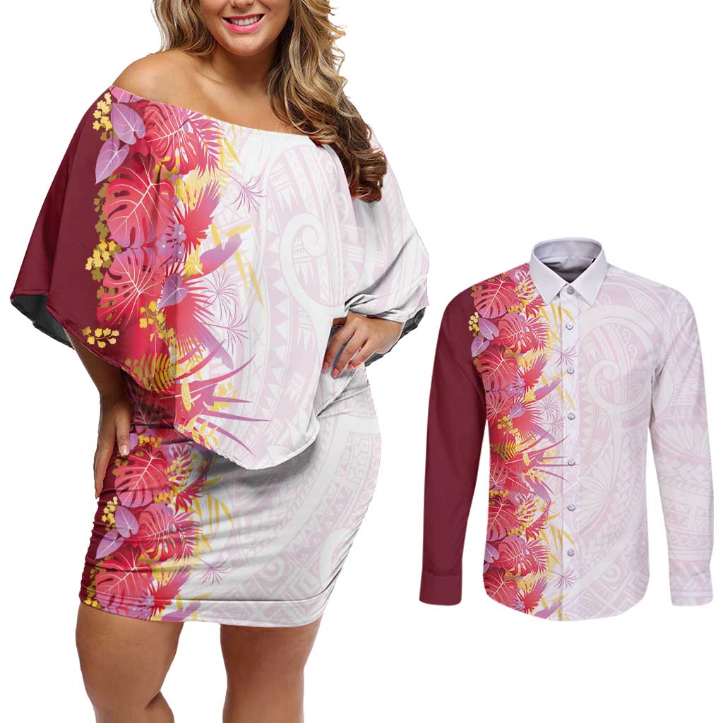 Hawaii Tropical Plant Akala Couples Matching Off Shoulder Short Dress and Long Sleeve Button Shirt Vibrant Polynesian Pattern