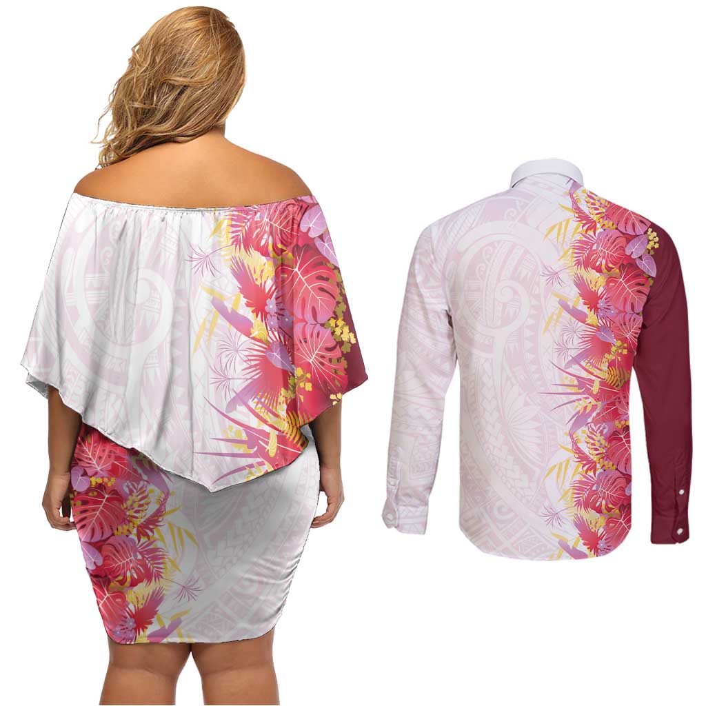 Hawaii Tropical Plant Akala Couples Matching Off Shoulder Short Dress and Long Sleeve Button Shirt Vibrant Polynesian Pattern