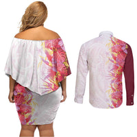 Hawaii Tropical Plant Akala Couples Matching Off Shoulder Short Dress and Long Sleeve Button Shirt Vibrant Polynesian Pattern