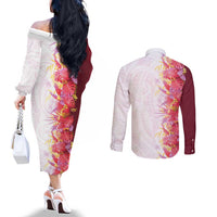 Hawaii Tropical Plant Akala Couples Matching Off The Shoulder Long Sleeve Dress and Long Sleeve Button Shirt Vibrant Polynesian Pattern