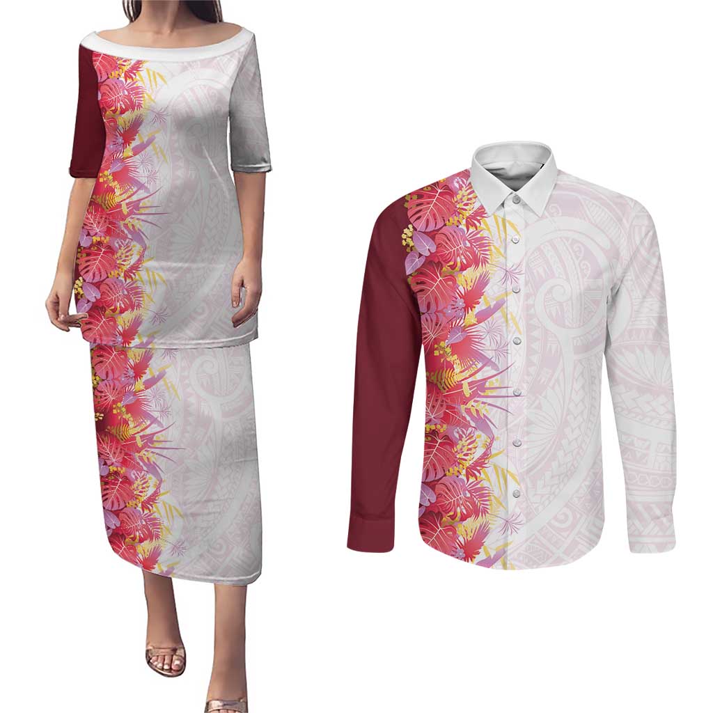 Hawaii Tropical Plant Akala Couples Matching Puletasi and Long Sleeve Button Shirt Vibrant Polynesian Pattern