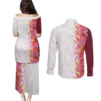 Hawaii Tropical Plant Akala Couples Matching Puletasi and Long Sleeve Button Shirt Vibrant Polynesian Pattern