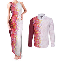 Hawaii Tropical Plant Akala Couples Matching Tank Maxi Dress and Long Sleeve Button Shirt Vibrant Polynesian Pattern