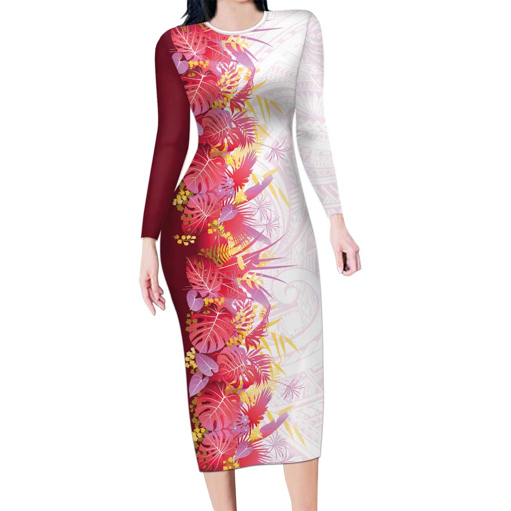 Hawaii Tropical Plant Akala Family Matching Long Sleeve Bodycon Dress and Hawaiian Shirt Vibrant Polynesian Pattern