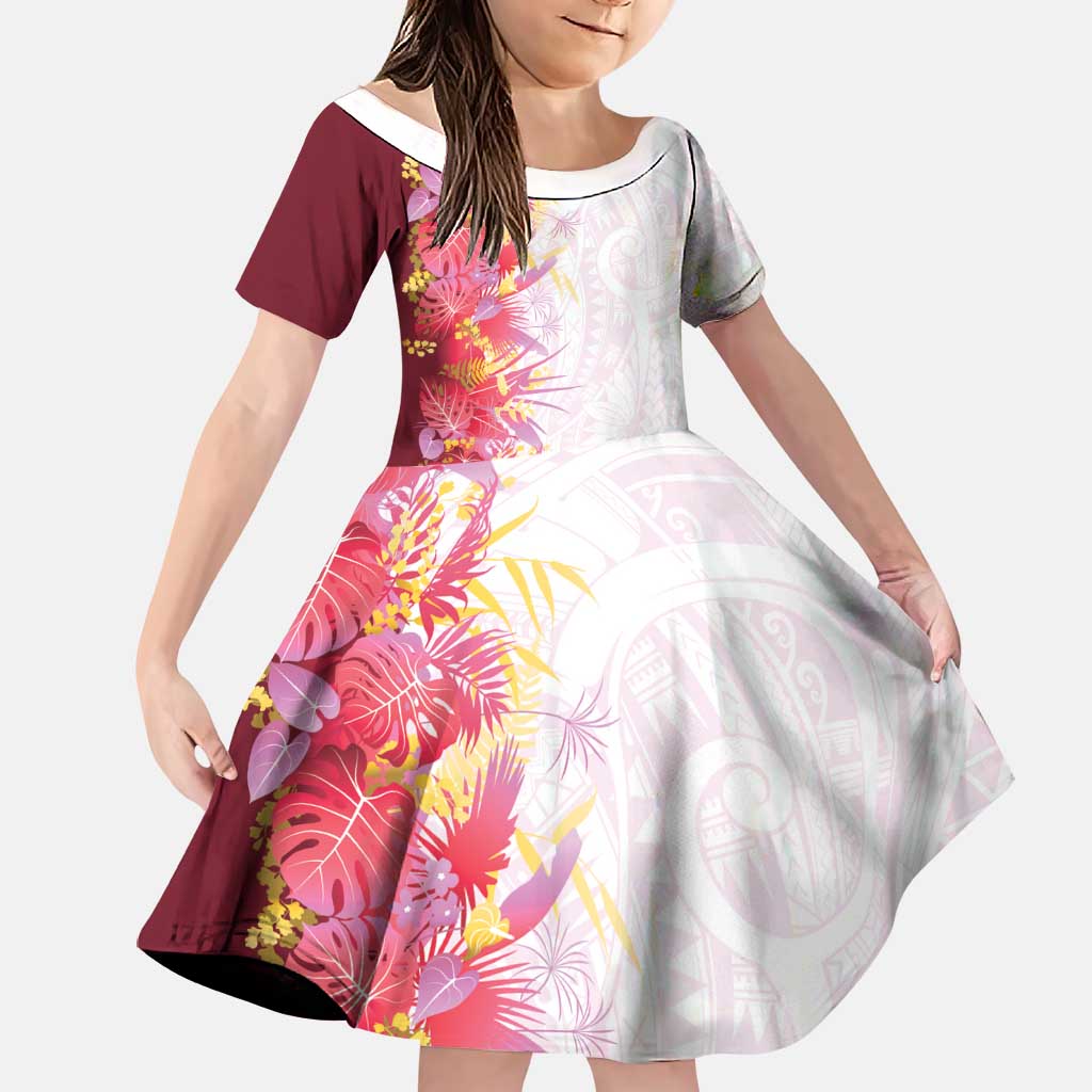 Hawaii Tropical Plant Akala Family Matching Off The Shoulder Long Sleeve Dress and Hawaiian Shirt Vibrant Polynesian Pattern
