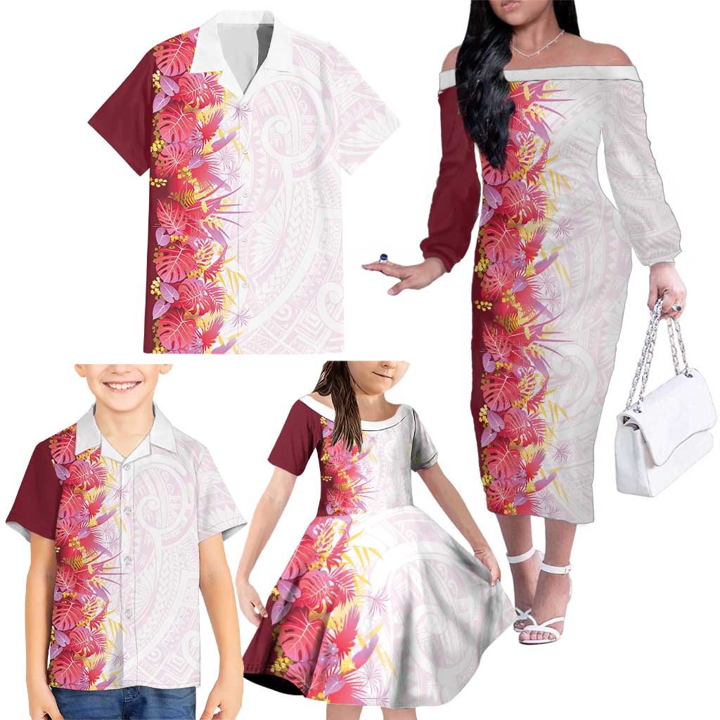 Hawaii Tropical Plant Akala Family Matching Off The Shoulder Long Sleeve Dress and Hawaiian Shirt Vibrant Polynesian Pattern