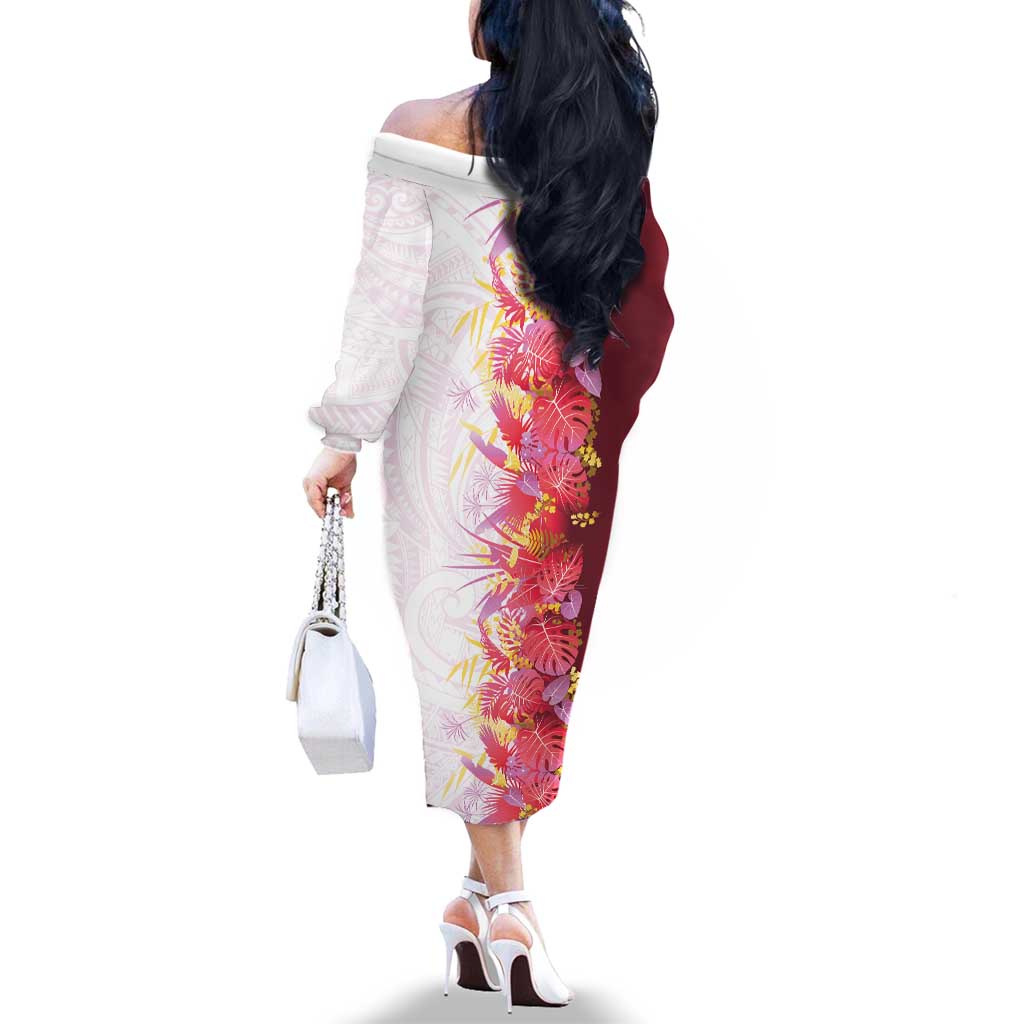 Hawaii Tropical Plant Akala Family Matching Off The Shoulder Long Sleeve Dress and Hawaiian Shirt Vibrant Polynesian Pattern