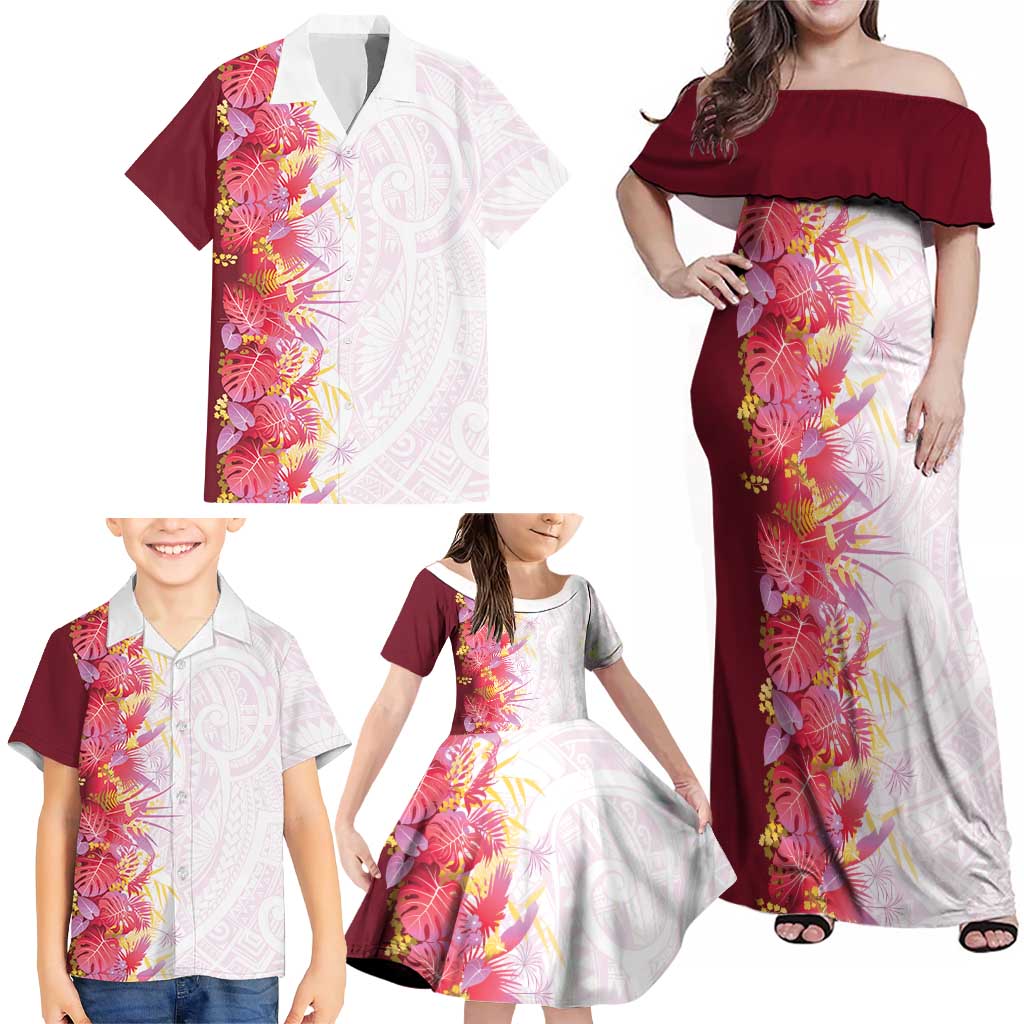 Hawaii Tropical Plant Akala Family Matching Off Shoulder Maxi Dress and Hawaiian Shirt Vibrant Polynesian Pattern