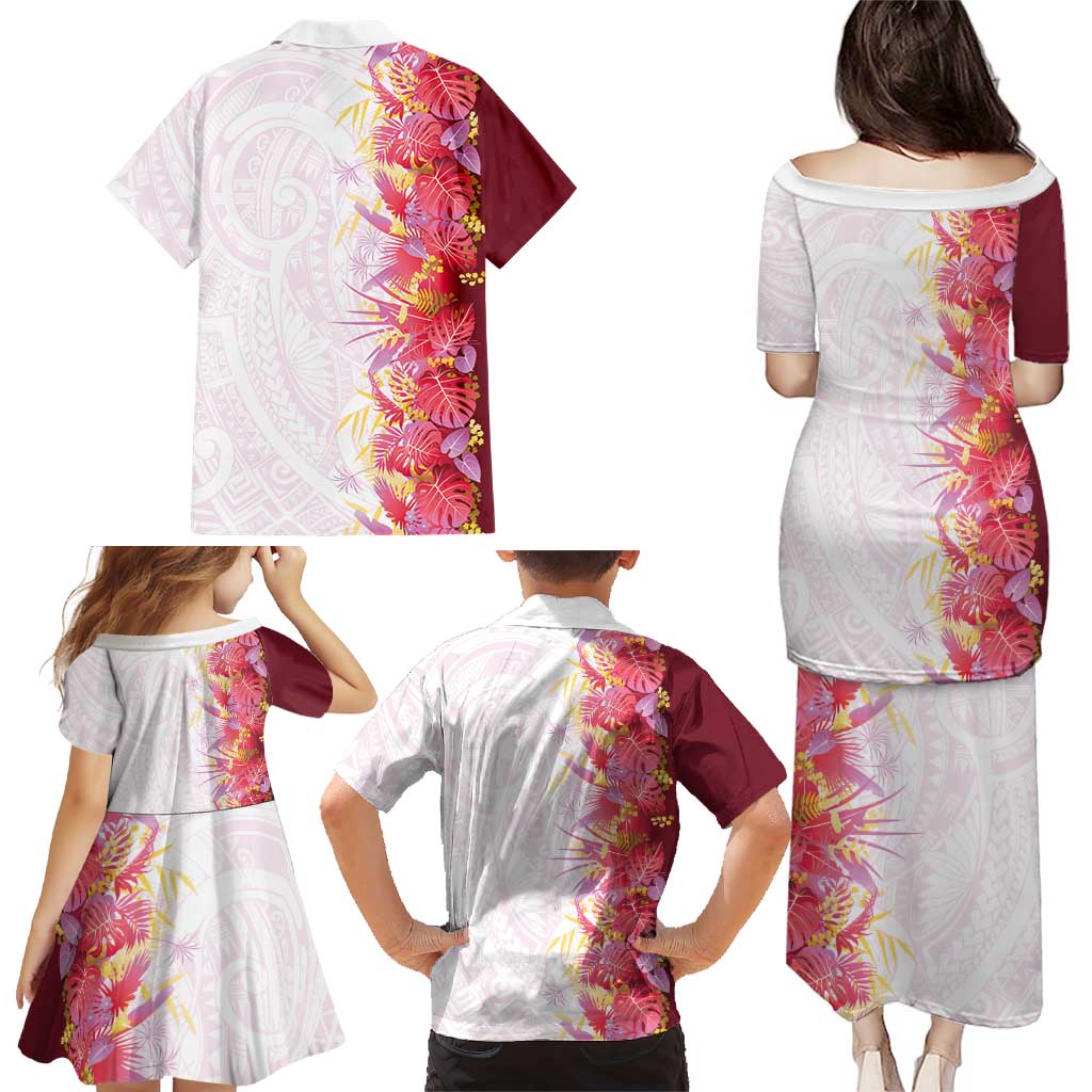 Hawaii Tropical Plant Akala Family Matching Puletasi and Hawaiian Shirt Vibrant Polynesian Pattern
