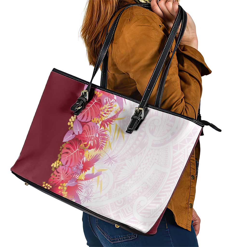 Hawaii Tropical Plant Akala Leather Tote Bag Vibrant Polynesian Pattern