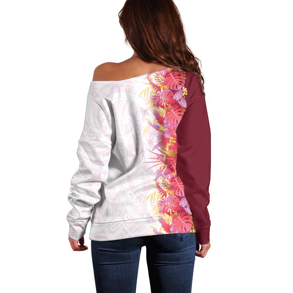 Hawaii Tropical Plant Akala Off Shoulder Sweater Vibrant Polynesian Pattern