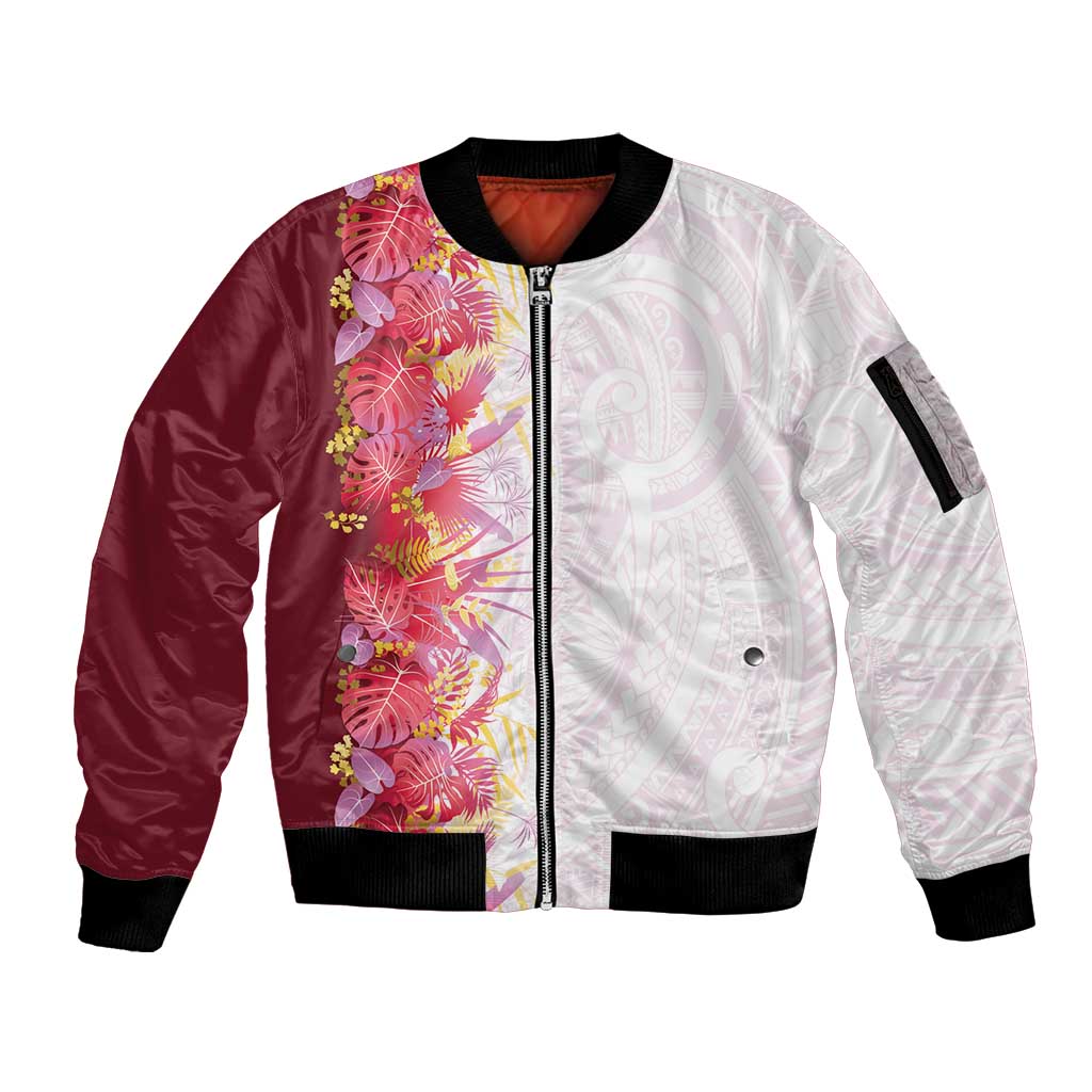 Hawaii Tropical Plant Akala Sleeve Zip Bomber Jacket Vibrant Polynesian Pattern