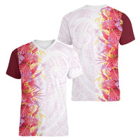 Hawaii Tropical Plant Akala Women V-Neck T-Shirt Vibrant Polynesian Pattern