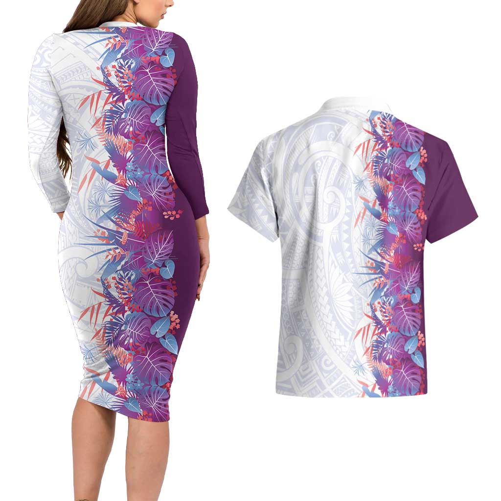 Hawaii Tropical Plant Poni Couples Matching Long Sleeve Bodycon Dress and Hawaiian Shirt Vibrant Polynesian Pattern