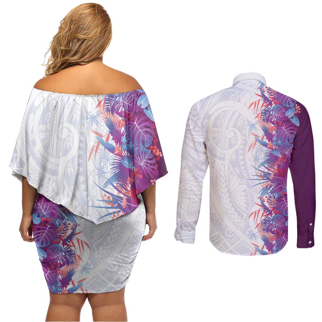 Hawaii Tropical Plant Poni Couples Matching Off Shoulder Short Dress and Long Sleeve Button Shirt Vibrant Polynesian Pattern