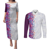 Hawaii Tropical Plant Poni Couples Matching Puletasi and Long Sleeve Button Shirt Vibrant Polynesian Pattern