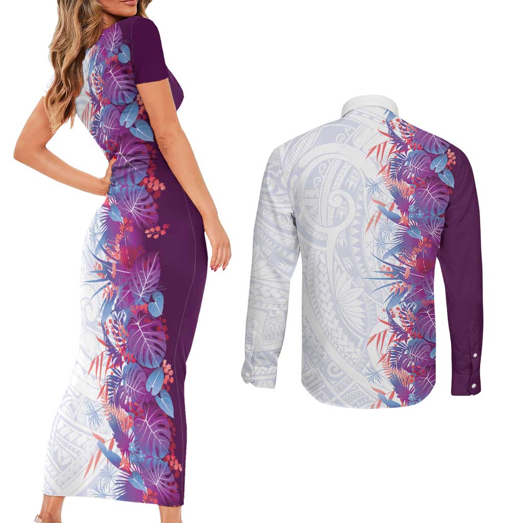 Hawaii Tropical Plant Poni Couples Matching Short Sleeve Bodycon Dress and Long Sleeve Button Shirt Vibrant Polynesian Pattern