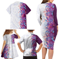Hawaii Tropical Plant Poni Family Matching Long Sleeve Bodycon Dress and Hawaiian Shirt Vibrant Polynesian Pattern