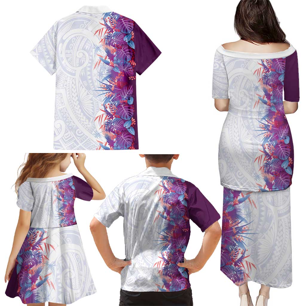Hawaii Tropical Plant Poni Family Matching Puletasi and Hawaiian Shirt Vibrant Polynesian Pattern