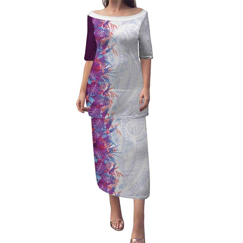 Hawaii Tropical Plant Poni Family Matching Puletasi and Hawaiian Shirt Vibrant Polynesian Pattern